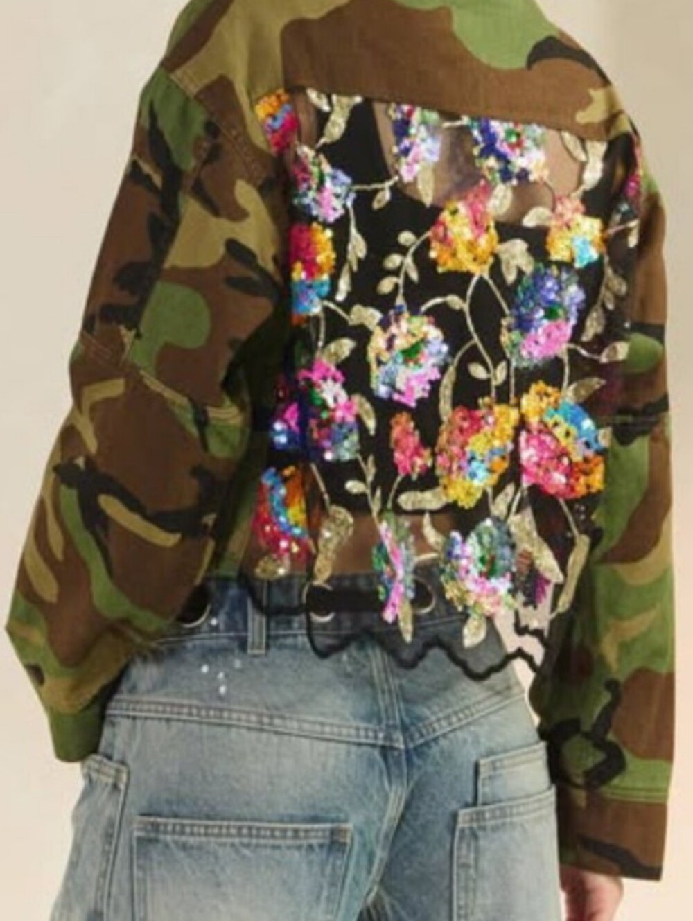 Camouflage Crop Jacket with Floral Sequin Back - Green